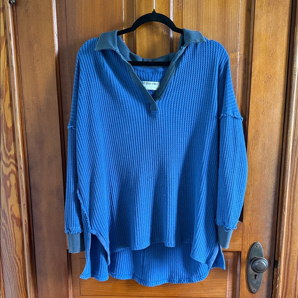 Free People Blue V-Neck Waffle Sweater